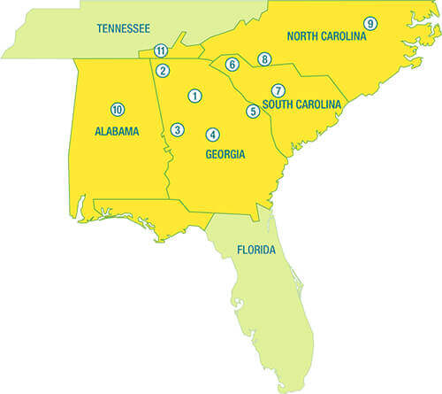 Aircond service map: Georgia, South Carolina, North Carolina, Alabama, the Florida panhandle, and eastern Tennessee